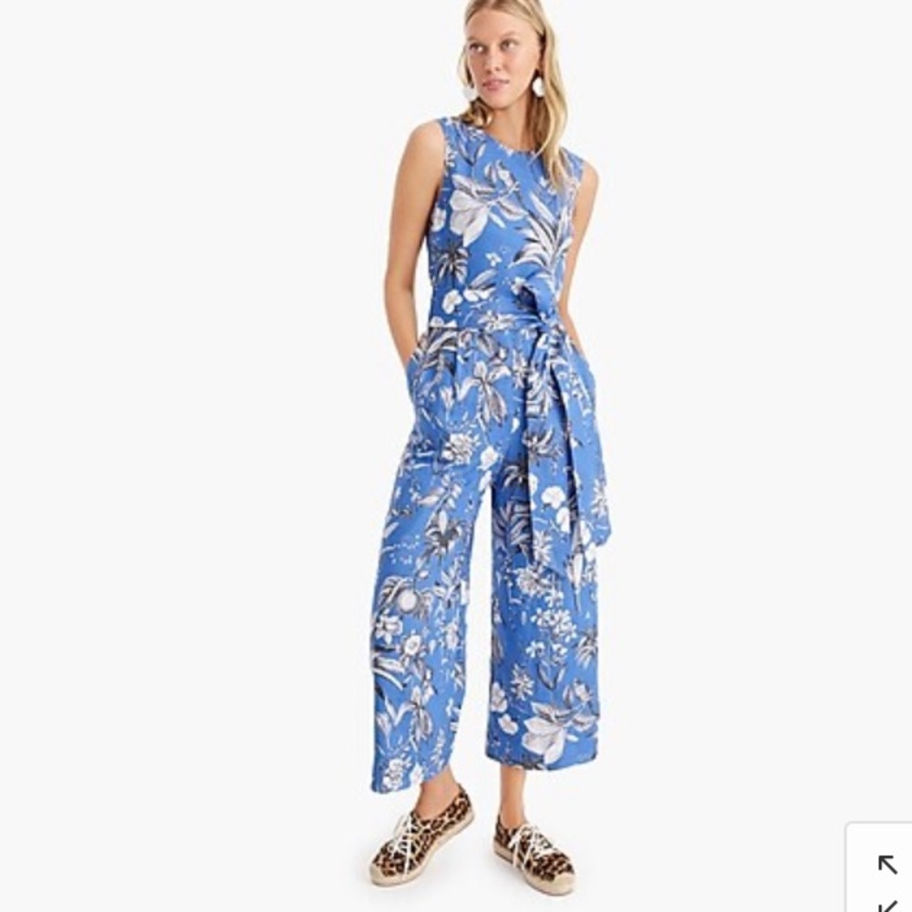 J crew Linen wrap-back jumpsuit ® tropical toile